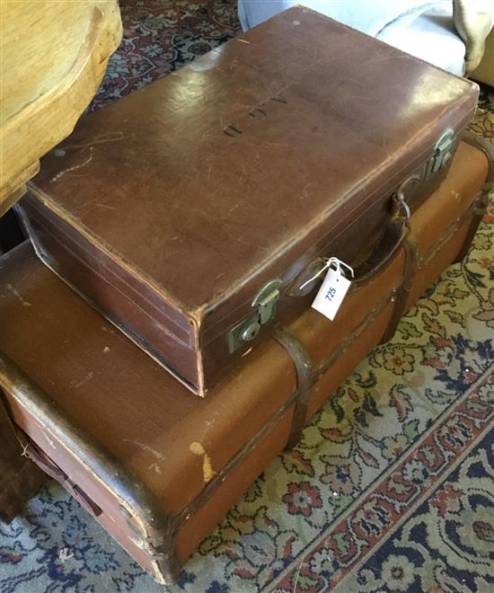 2 leather suitcases & trunk